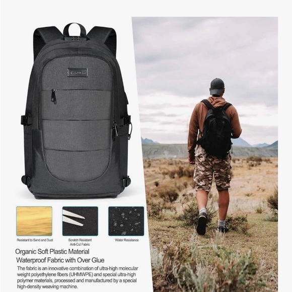Black Unisex Backpack with combo lock security, USB charging ports, anti-theft main image 15